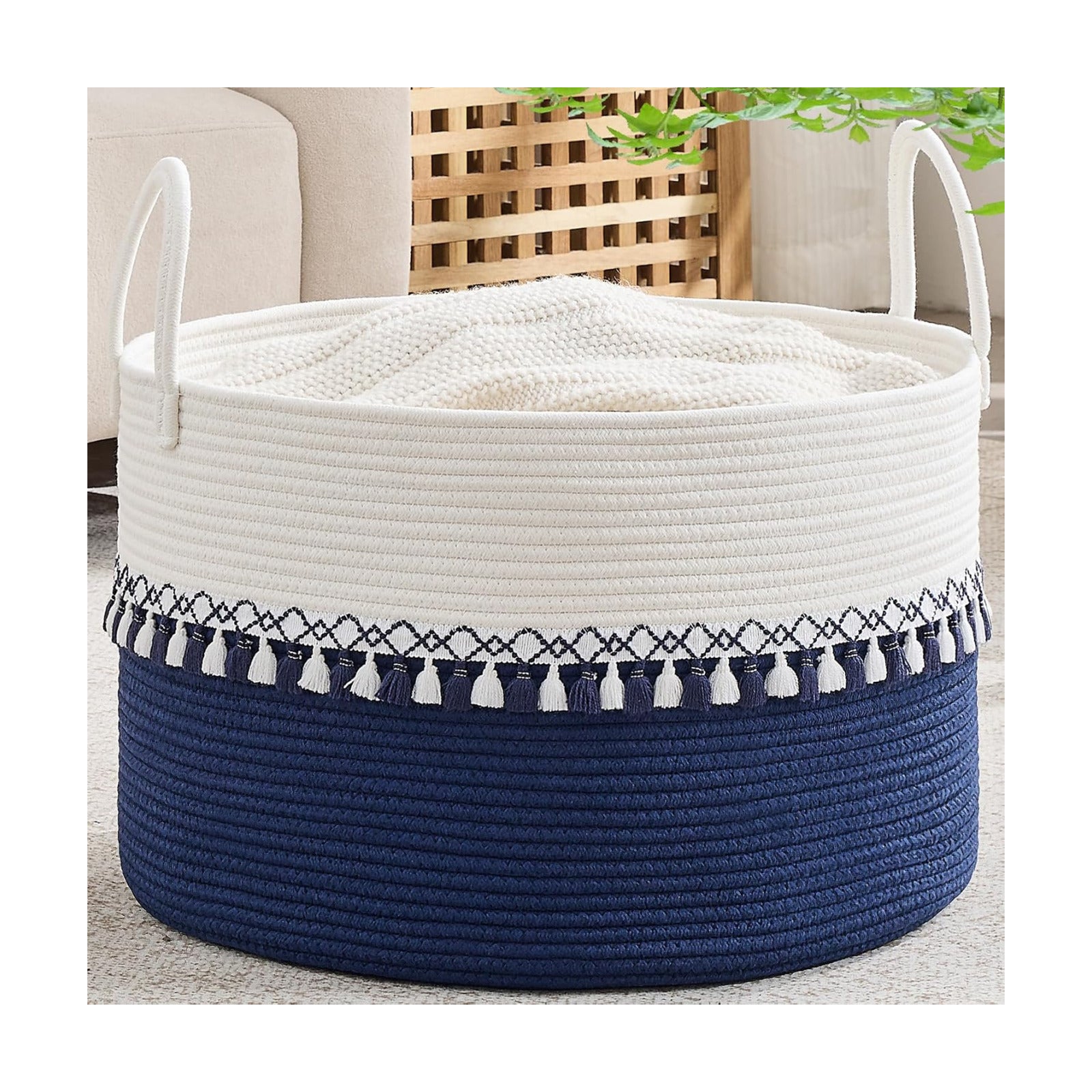 KAKAMAY Large Blanket Basket with Handles, Storage Basket for Living Room