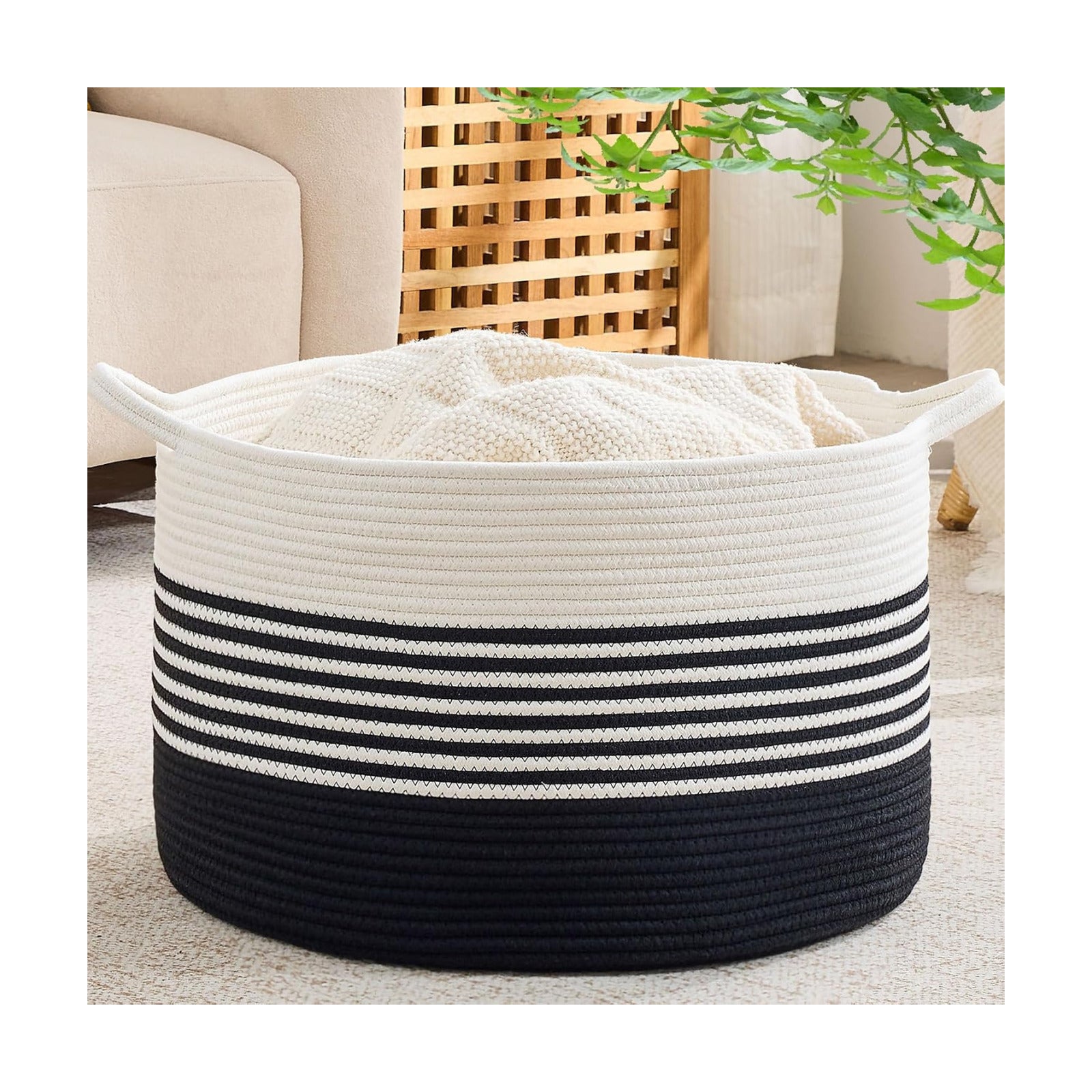 KAKAMAY Large Blanket Basket with Handles, Storage Basket for Living Room