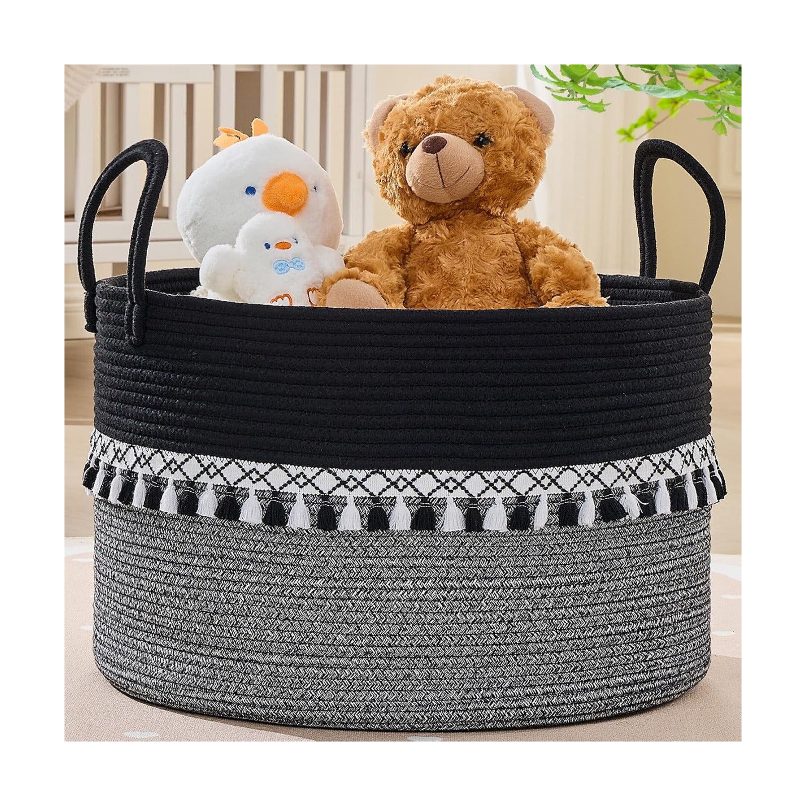 Pillows / Cotton Rope Storage Basket / Black Fringe / 20 x 13