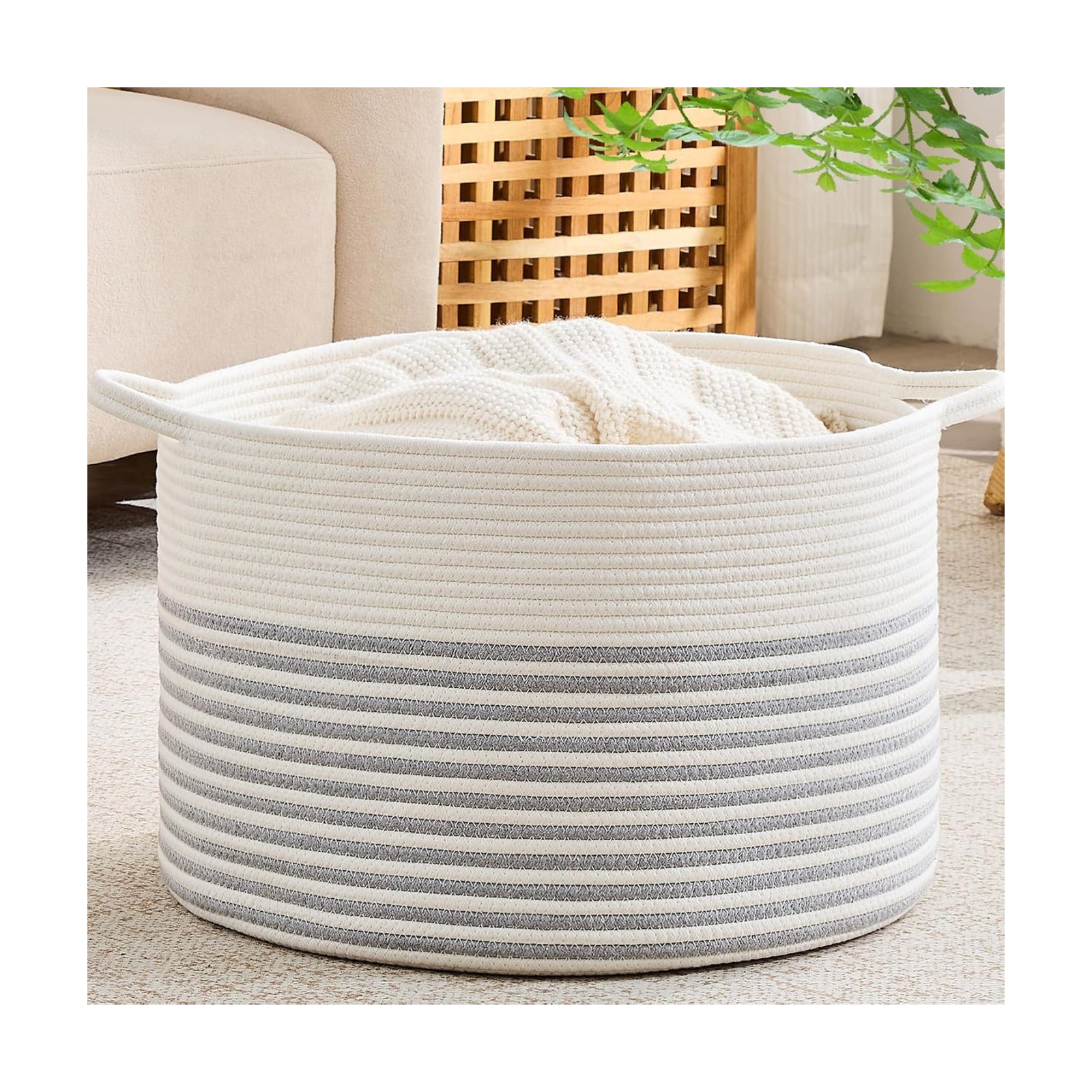 KAKAMAY Large Blanket Basket with Handles, Storage Basket for Living Room
