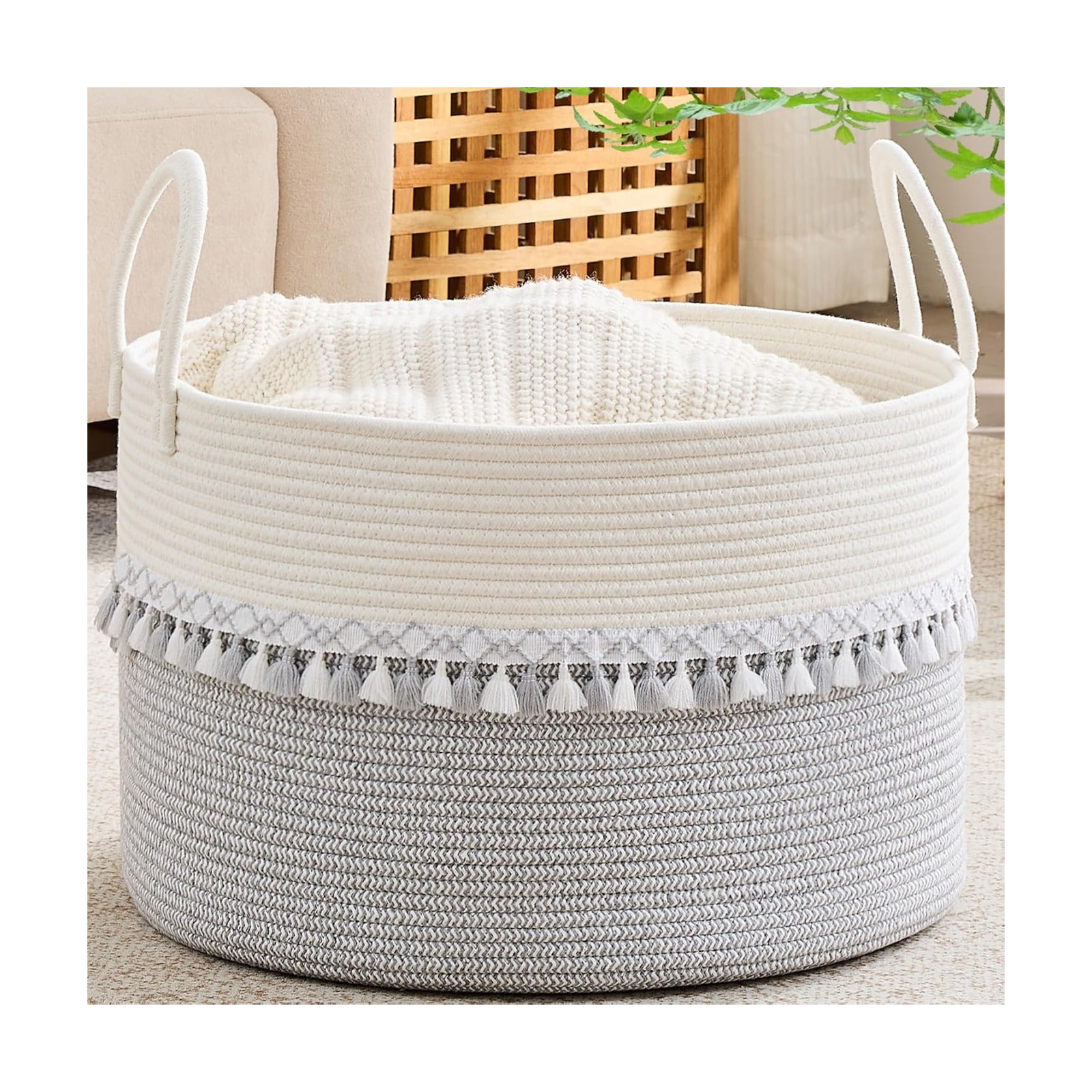 KAKAMAY Large Blanket Basket with Handles, Storage Basket for Living Room
