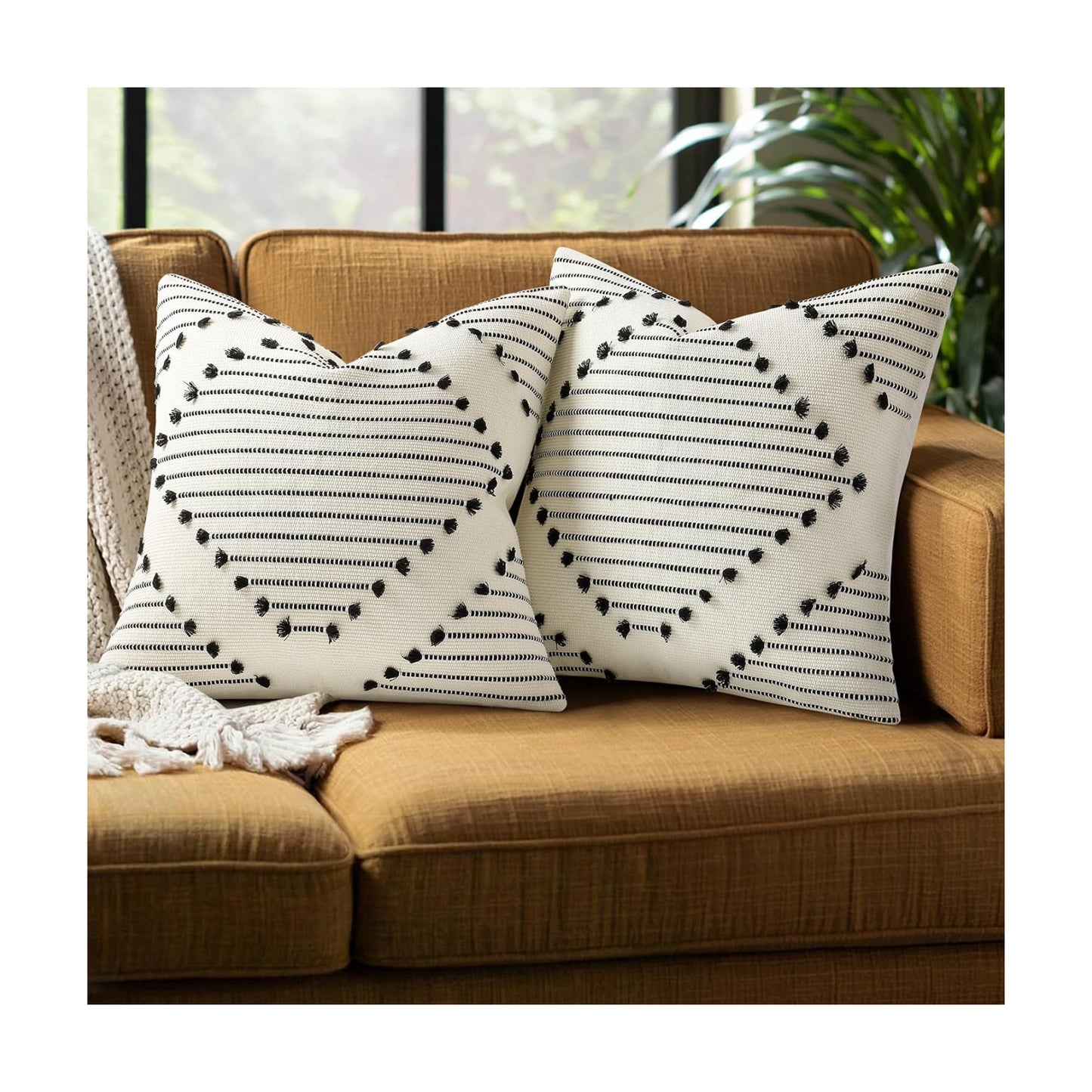 Farmhouse Decorative Pillow Covers / Beige Black / 18 x 18 / Set of 2