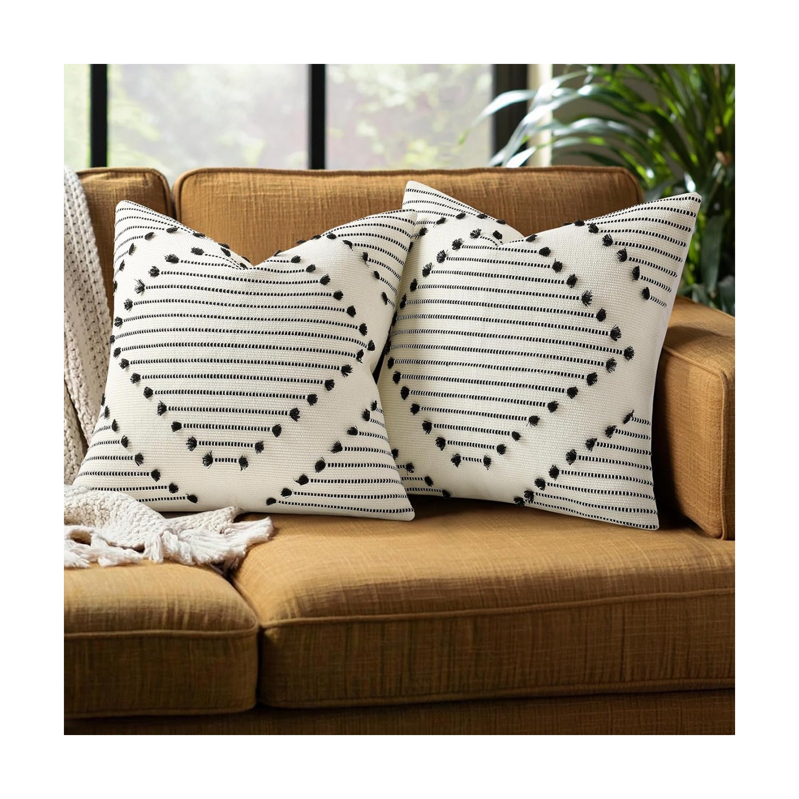 Farmhouse Decorative Pillow Covers / Beige Black / 18 x 18 / Set of 2