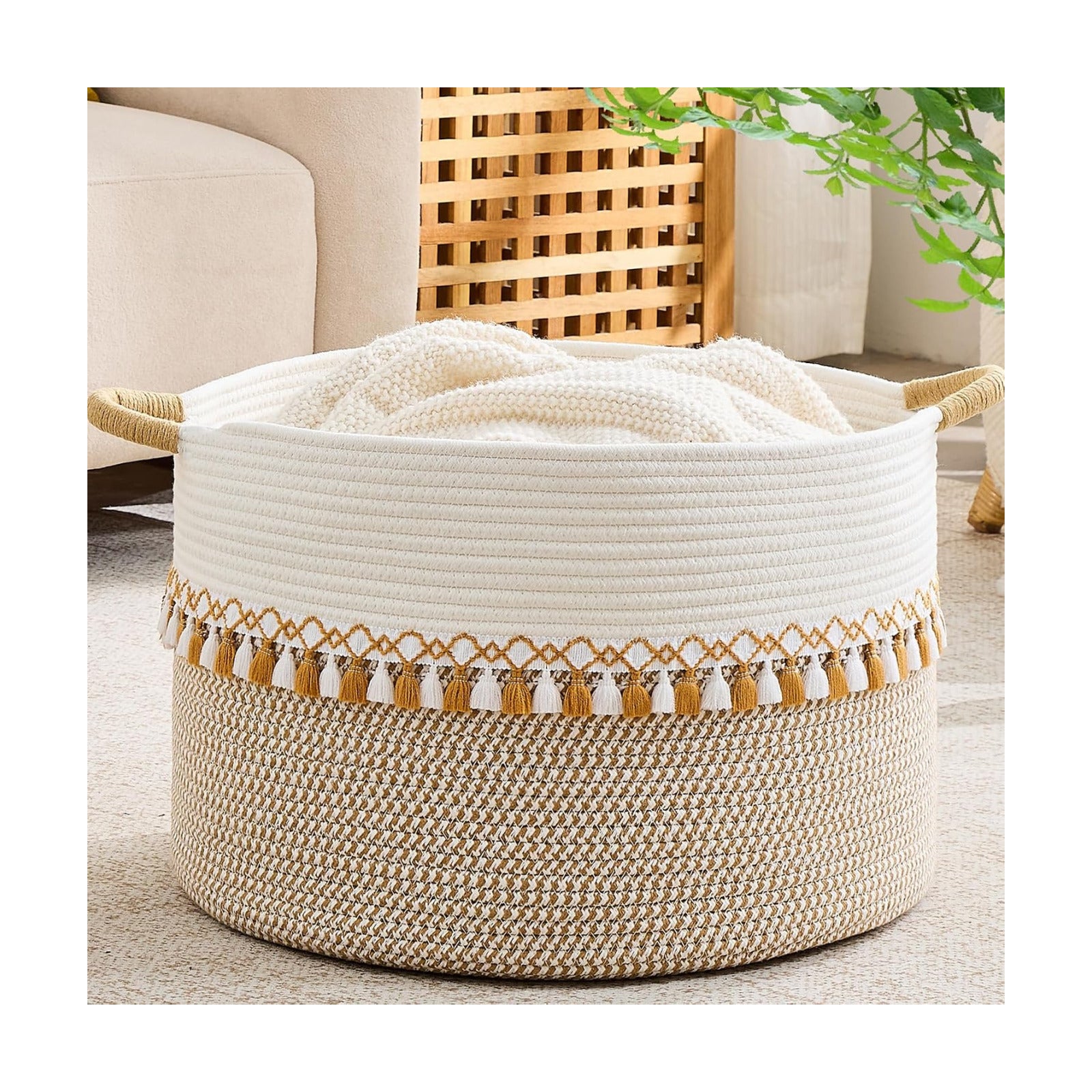 KAKAMAY Large Blanket Basket with Handles, Storage Basket for Living Room