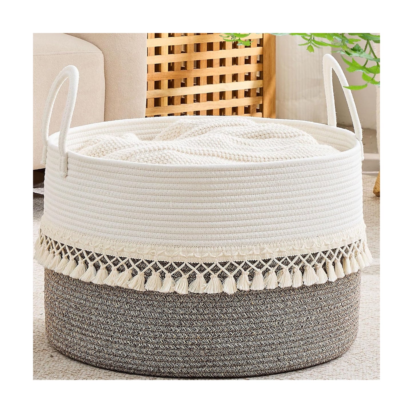 Pillows / Cotton Rope Storage Basket / Beige Fringe / 20 x 13