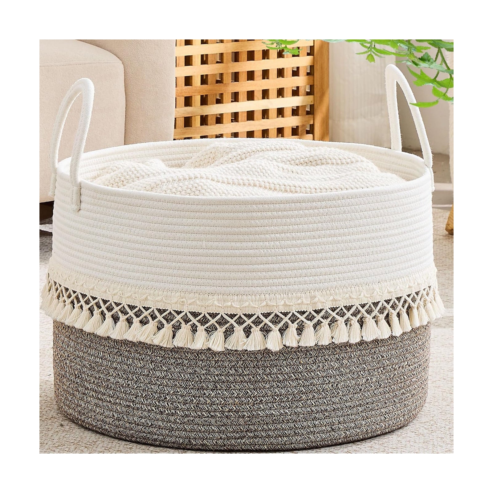 Pillows / Cotton Rope Storage Basket / Beige Fringe / 20 x 13