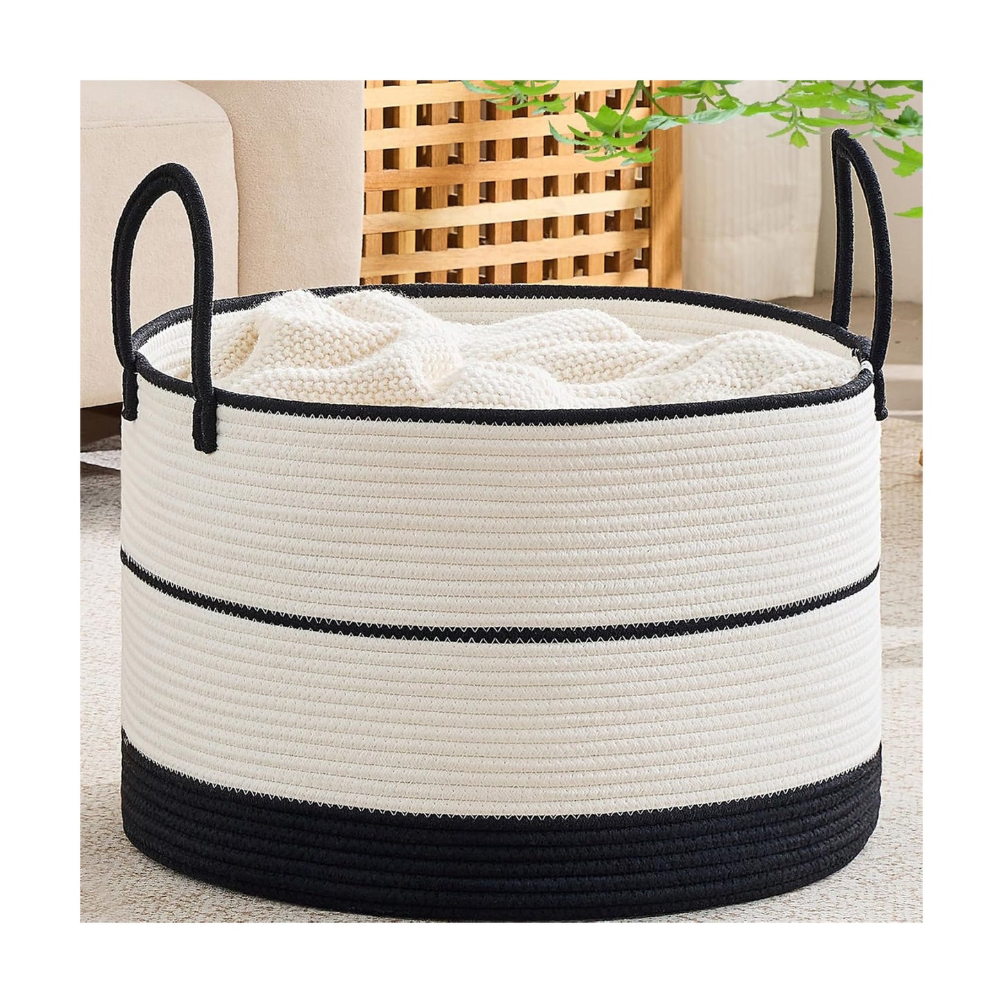 KAKAMAY Large Blanket Basket with Handles, Storage Basket for Living Room