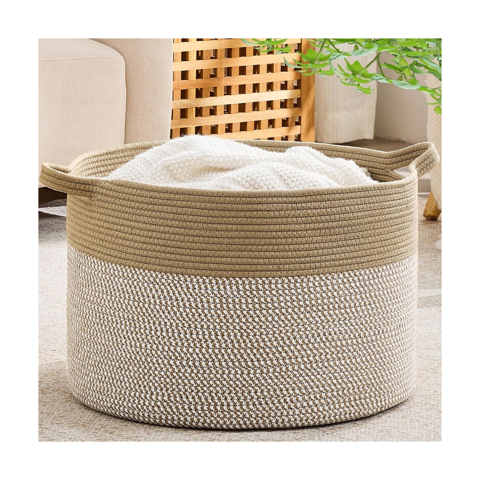 KAKAMAY Large Blanket Basket with Handles, Storage Basket for Living Room