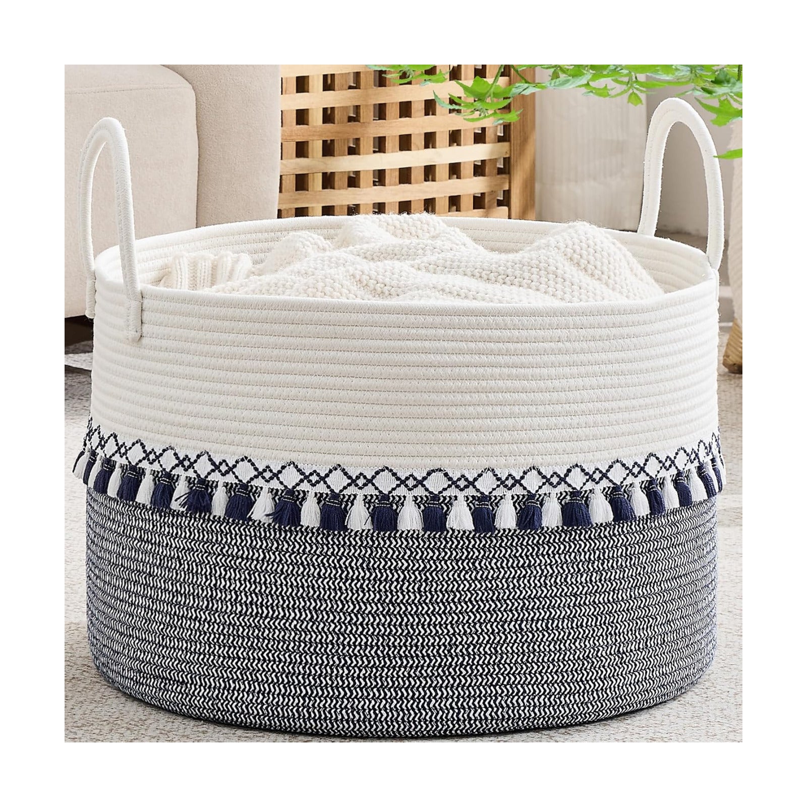 KAKAMAY Large Blanket Basket with Handles, Storage Basket for Living Room