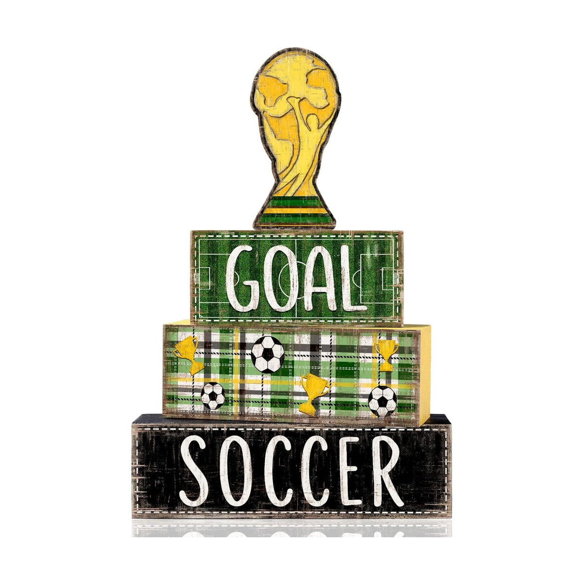 DIYDEC 4Pcs Soccer Tabletop Decorations Wooden Trophy Block Signs Gift Rustic Football Tiered Tray Decor Soccer Centerpiece World Cup Table Sign for Home Office Tabletop Fireplace Party Decor