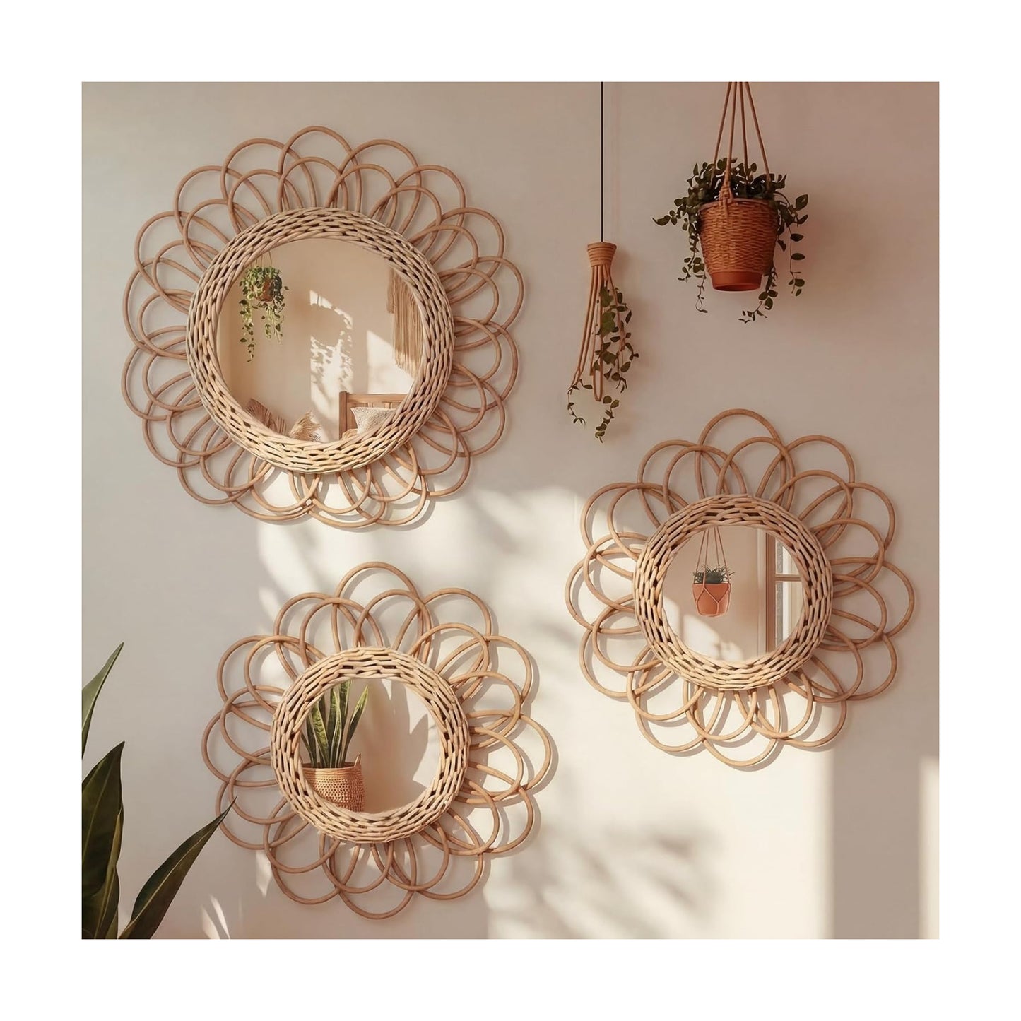 Boho Rattan Mirror Wall Hanging Decor / Set of 3
