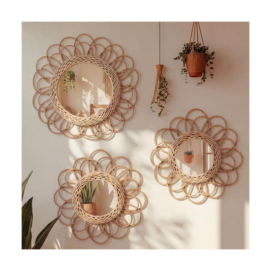 Boho Rattan Mirror Wall Hanging Decor / Set of 3