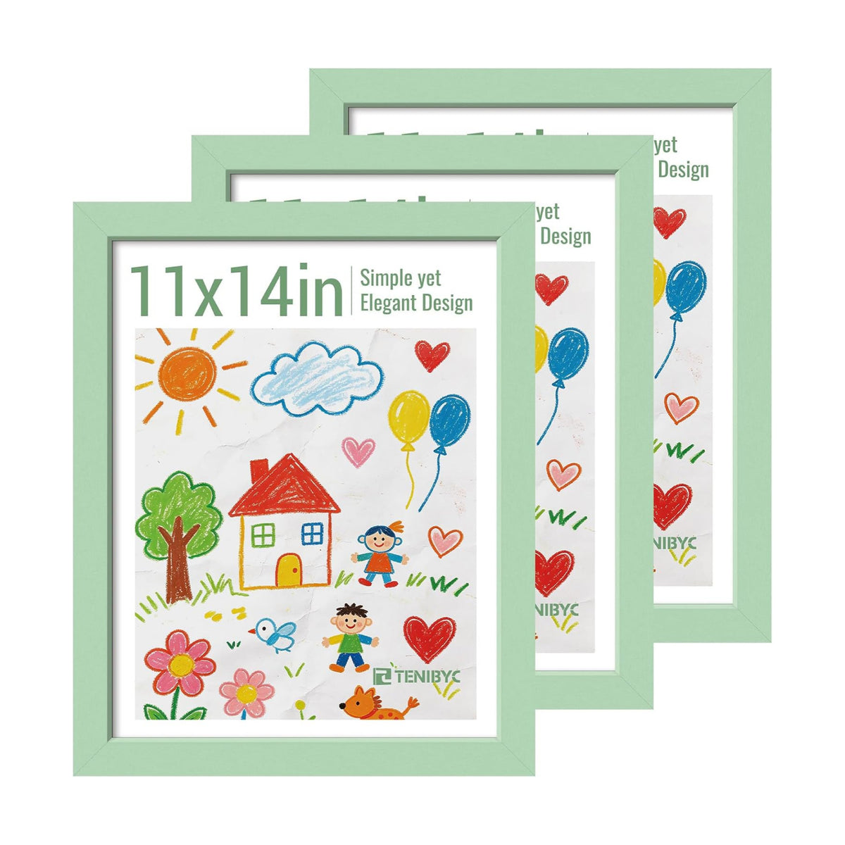 11x14 Picture Frame 3 Pack, Green Wood, Real Glass, for Photo, Art | Thick HD Tempered Glass, Wall Hanging, Horizontal