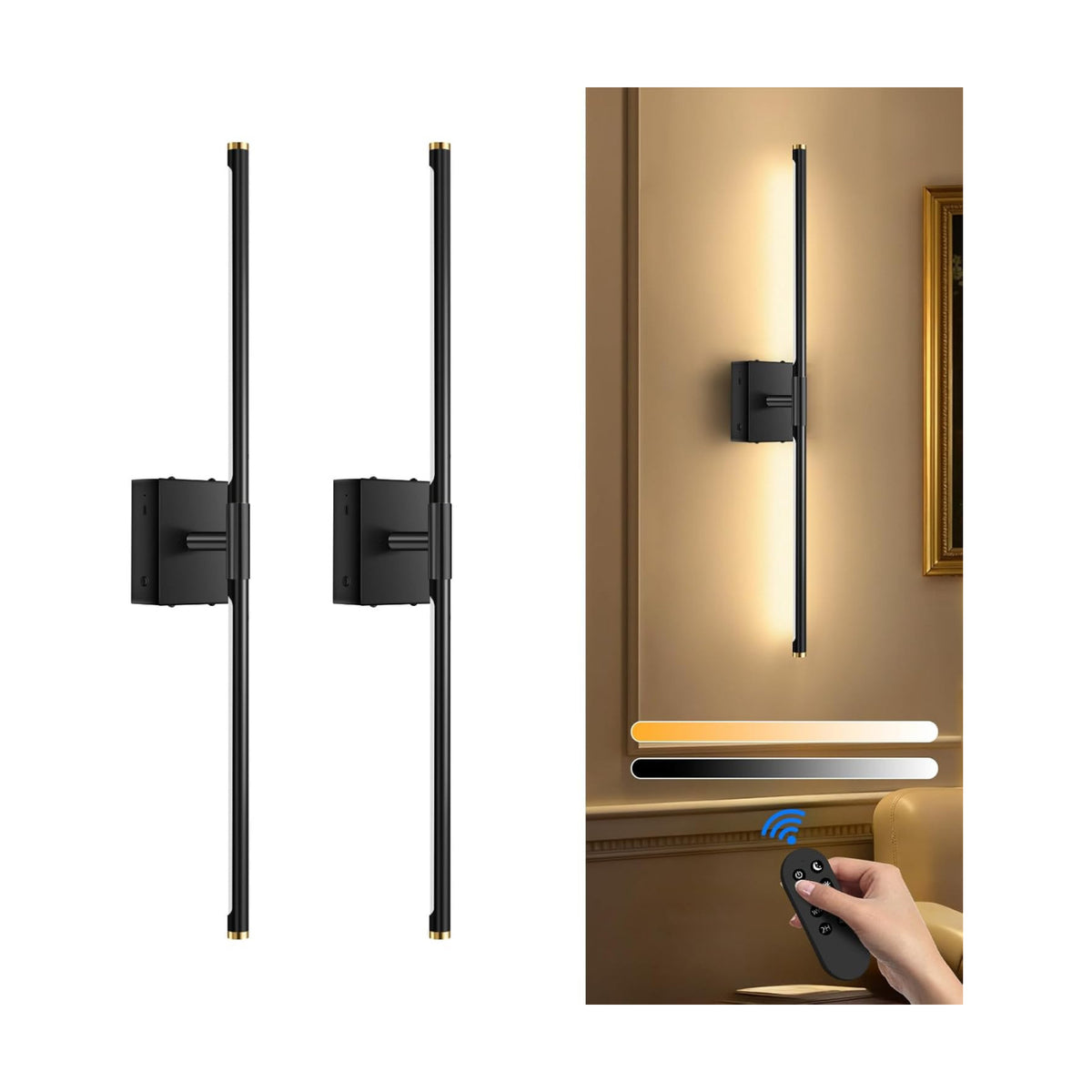 SAIMAND Battery Operated Wall Sconces Set of 2, Wireless Lights with Remote | USB Rechargeable Picture Lamp, 360°