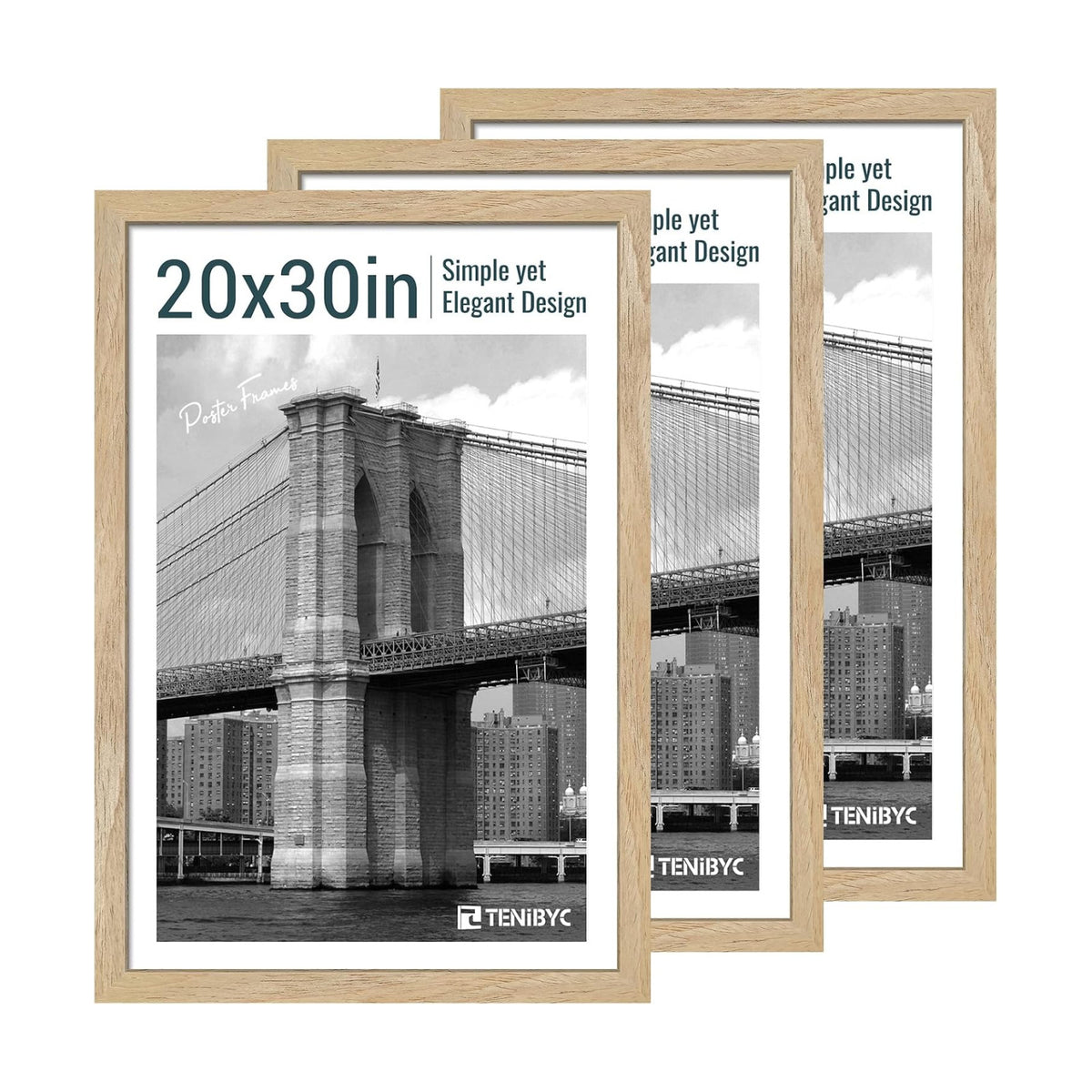 20x30 Poster Frame, Natural Wood, 3 Pack, Wall Hanging for Picture | Thick Polished Plexiglass, Large Movie Poster