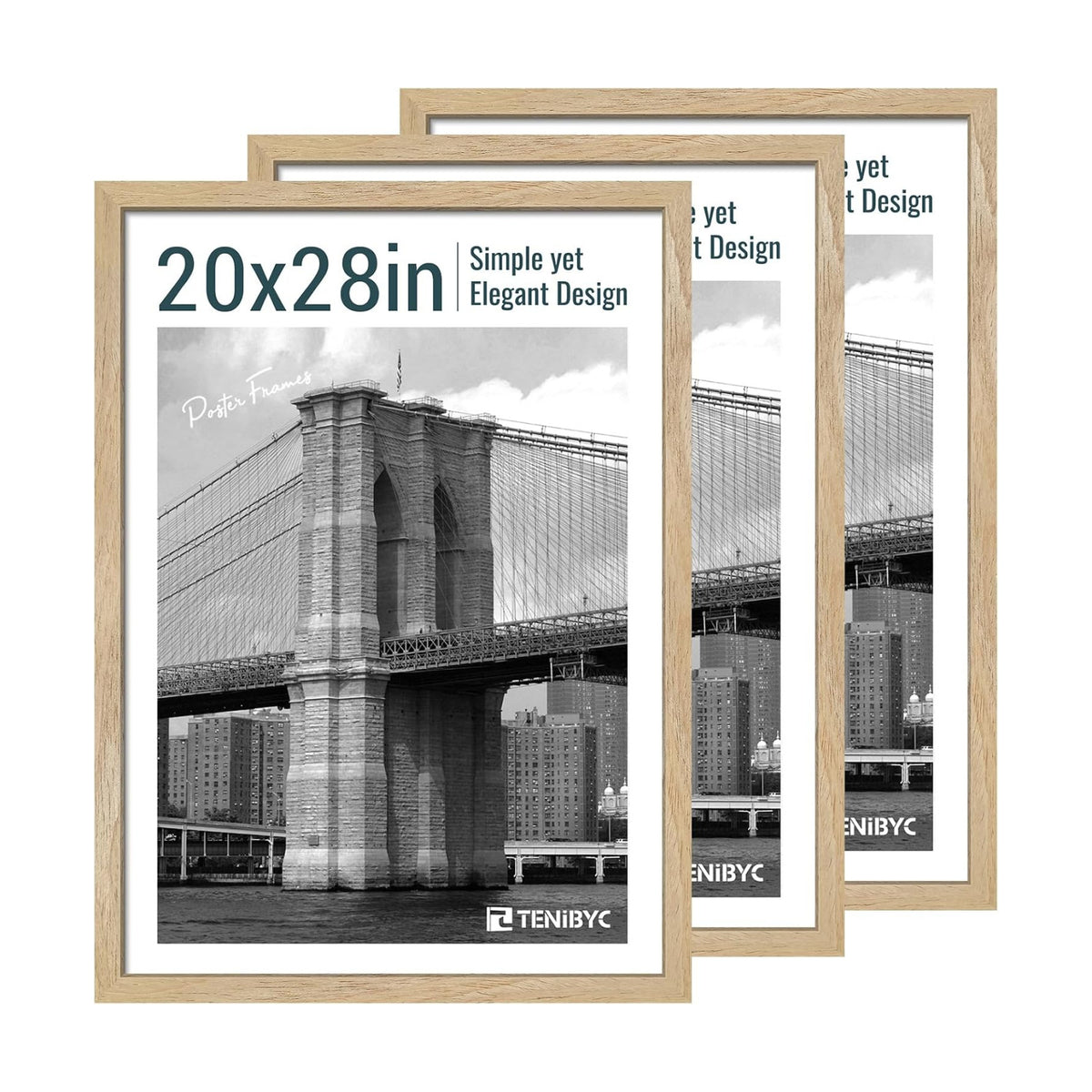 20x28 Picture Frame, Natural Wood, 3 Pack, Wall Hanging for Poster | Thick Polished Plexiglass, Large Poster Frame for