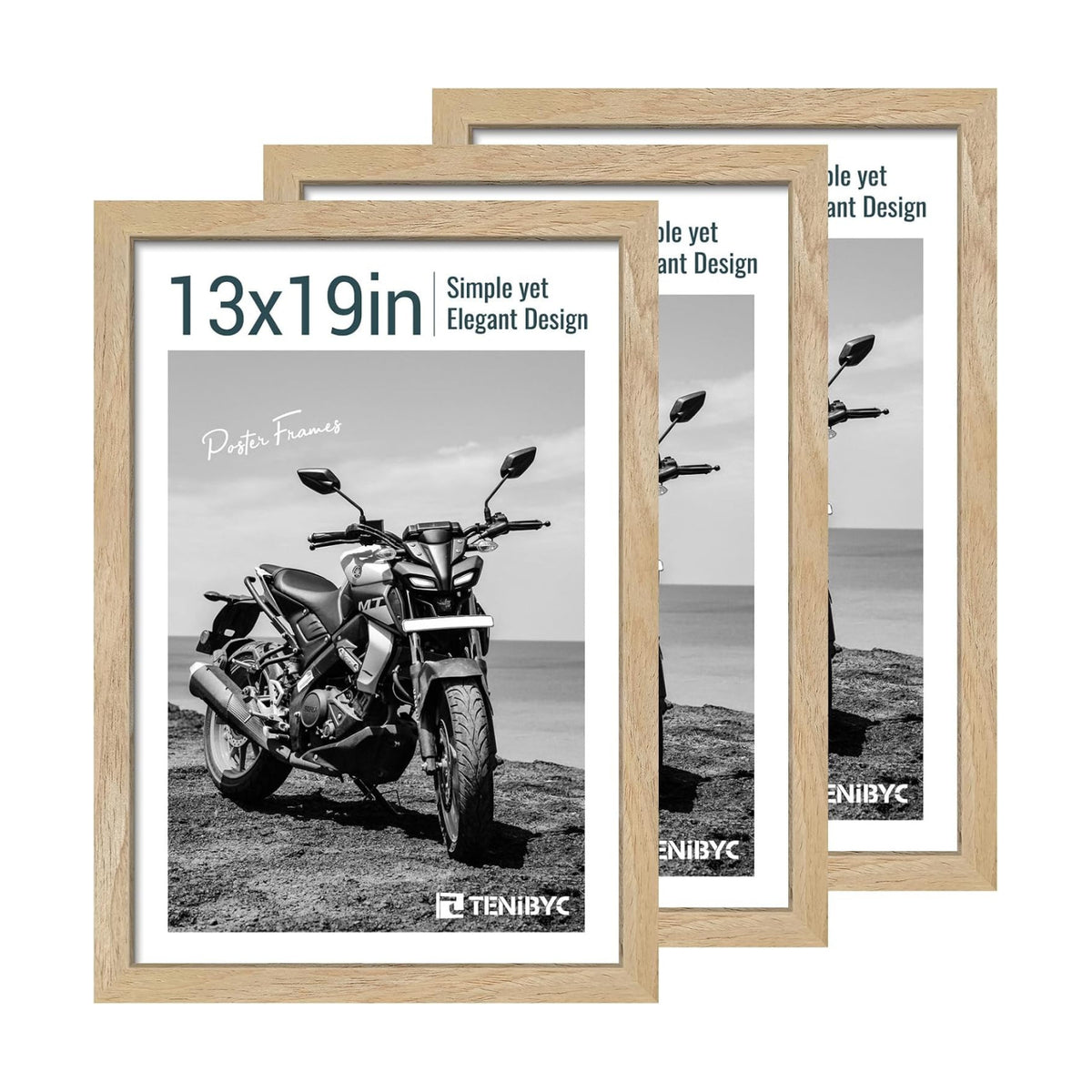 13x19 Picture Frame 3 Pack, Natural Wood, Real Glass, Wall Hanging | Thick HD Tempered Glass, Large Poster Frame for
