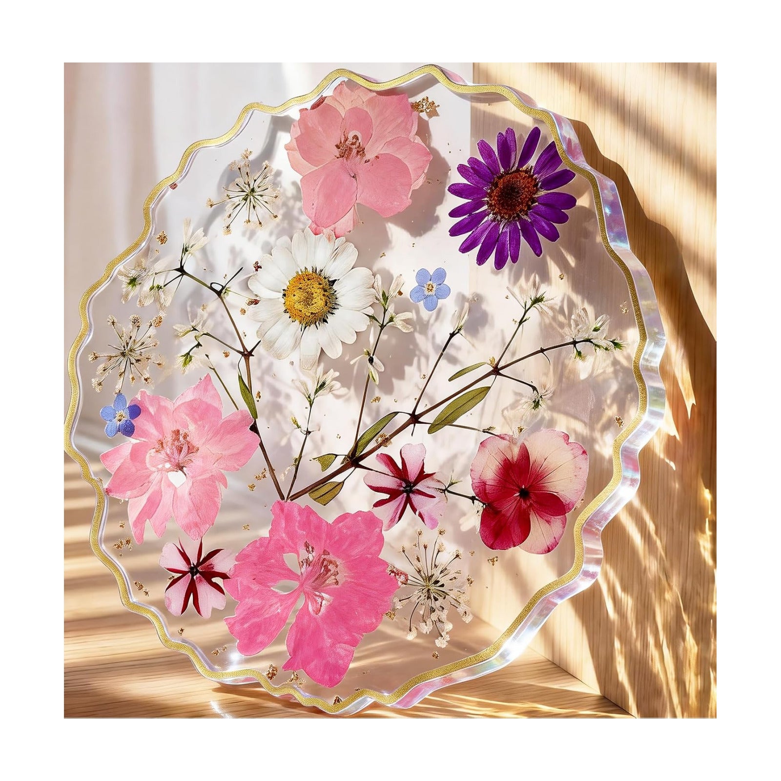 Resin Drink Coaster for Desk Coffee Table-Pink White Dried Flowers Cup Coaster / Pink-white / Medium