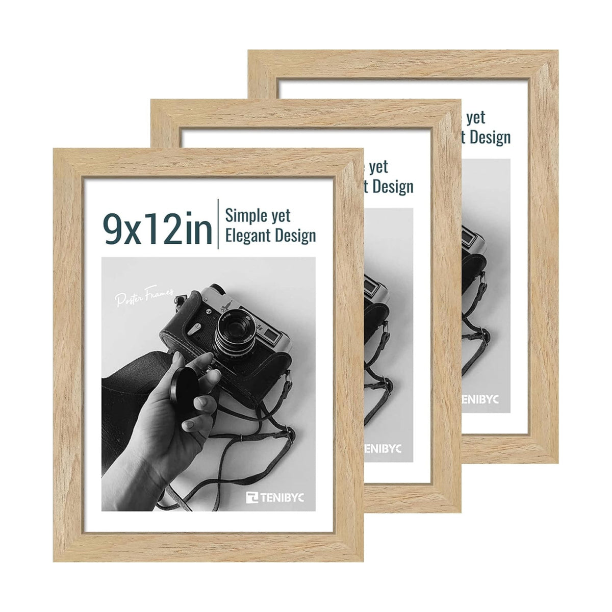 9x12 picture frame 3 Pack, Natural Wood, Real Glass, for Photos | Thick HD Tempered Glass, Tabletop or Wall Hanging