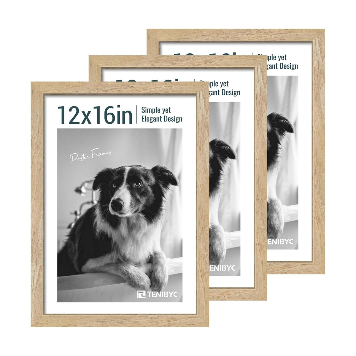 12x16 Picture Frame 3 Pack, Natural Wood, Real Glass, Wall Hanging | Thick HD Tempered Glass, Large Poster Frame for