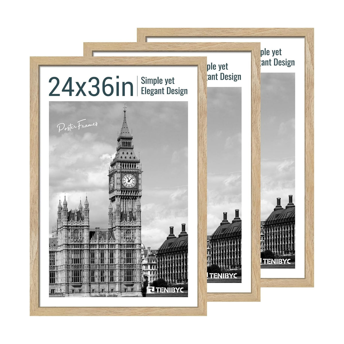24x36 Poster Frame, Natural Wood, 3 Pack, Wall Hanging for Picture | Thick Polished Plexiglass, Large Movie Poster