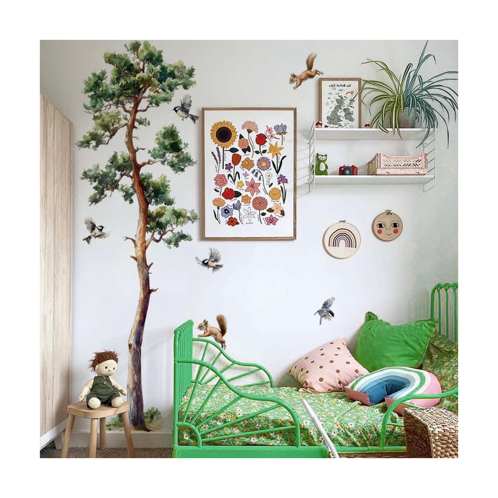 Wall Decals Large Tree Birds Wall Stickers Peel and Stick Wall Art Decals / Pine Tree / Green