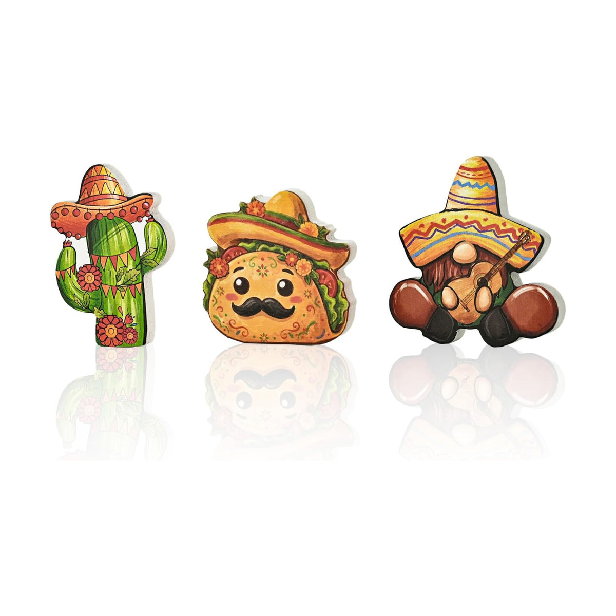 Smile Cinco De Mayo Wooden Tabletop Wooden Decor Set of 3 Mexican Fiesta Figurines (Gnome, Cactus, Taco) for Tiered Tray & Party Display