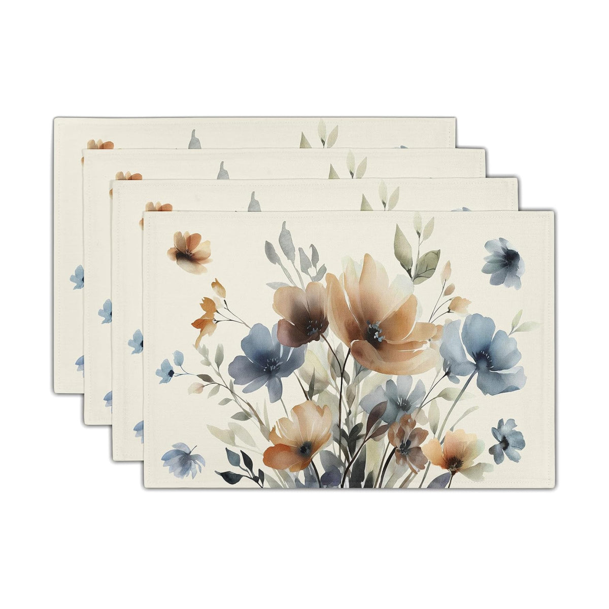 Floral Placemats Set of 6 18x12 Inch Spring Summer Brown and Blue Flowers Linen Place Mats Heat-Resistant Washable Wipeable Wildflowers Table Mat for Party Kitchen Dining Room Dinner Table Decor