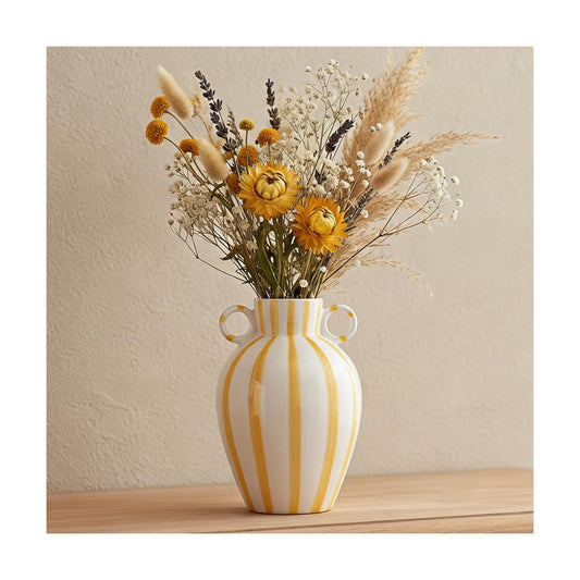 Ceramic Striped Flower Vase / Yellow