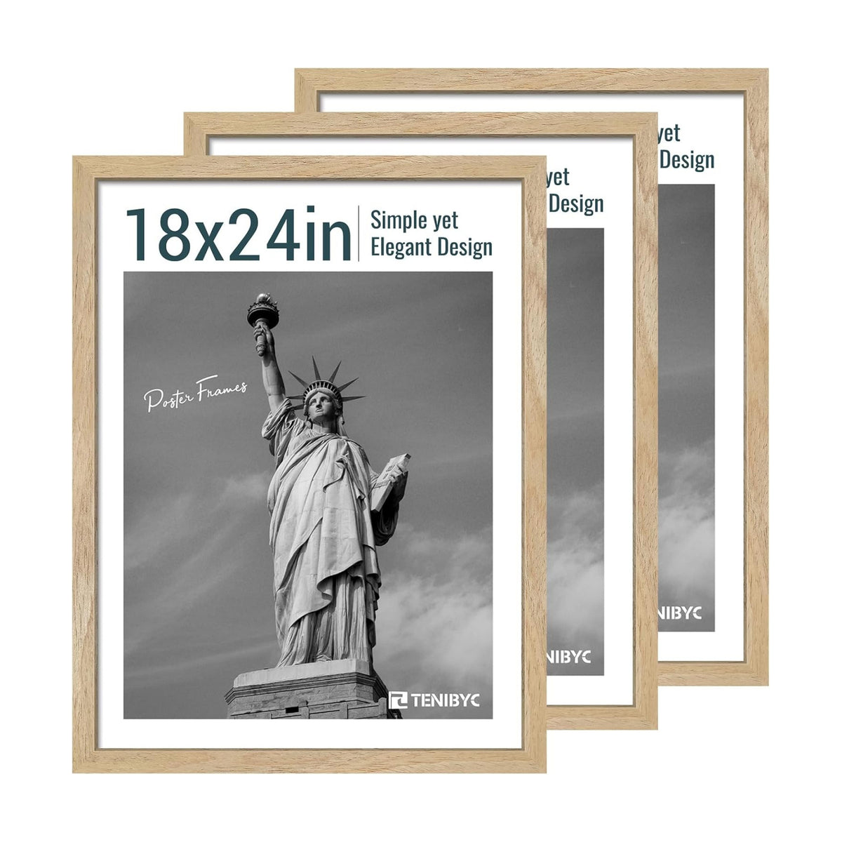 18x24 Poster Frame, Natural Wood, 3 Pack, Wall Hanging for Picture | Thick Polished Plexiglass, Large Movie Poster