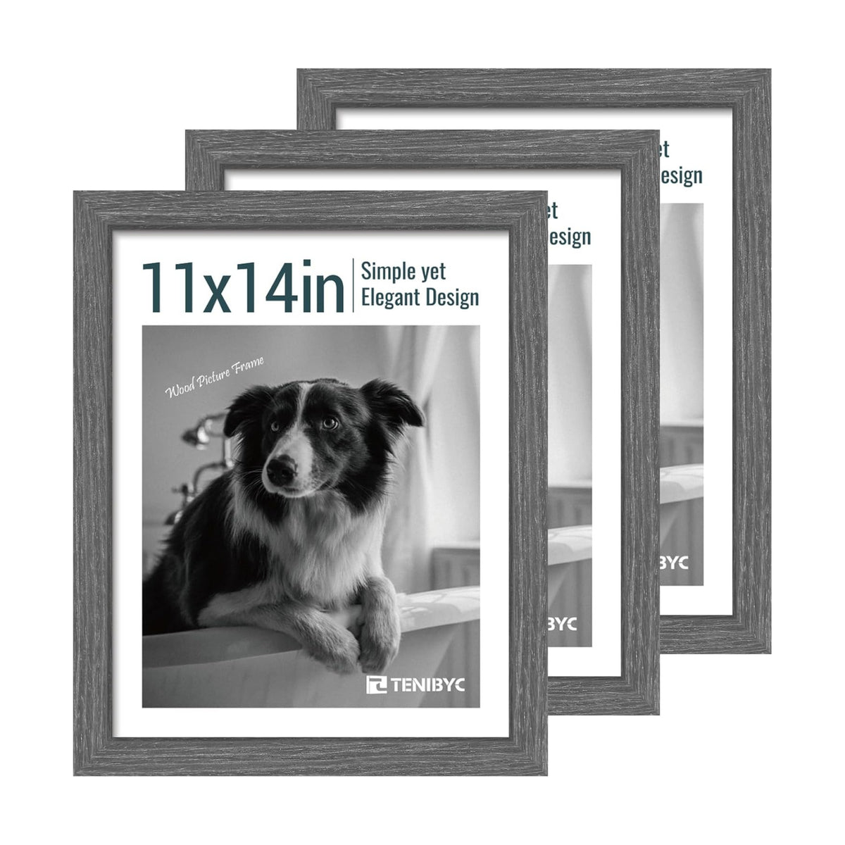 11x14 Picture Frame 3 Pack, Grey Wood, Real Glass, for Photo, Art | Thick HD Tempered Glass, Wall Hanging, Horizontal