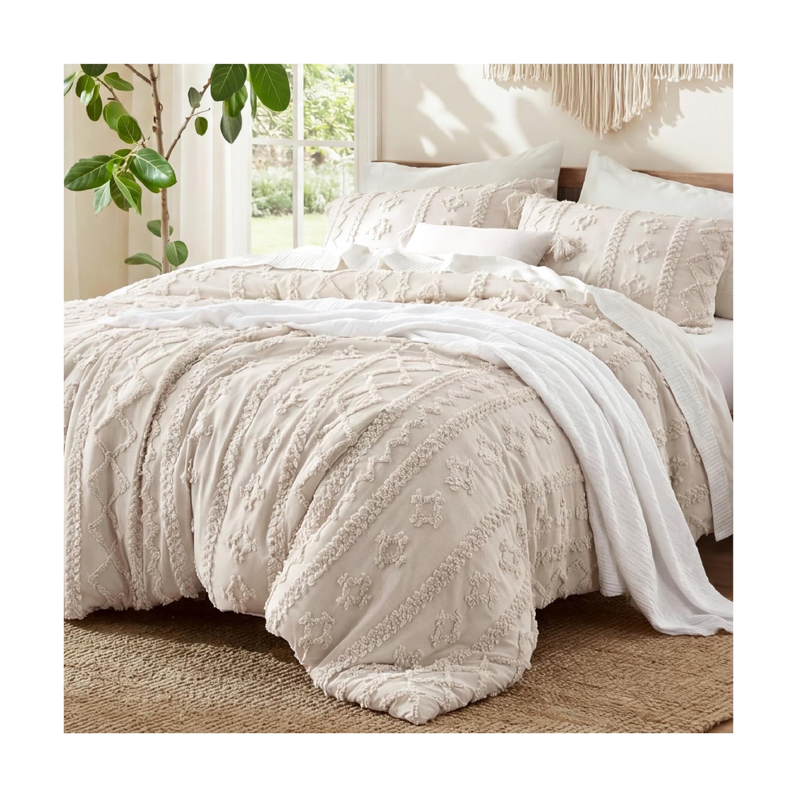 Bedsure Tufted Boho Comforter Set Queen Size - Ivory Boho Bed Set, GentleSoft™ 3 Pieces Farmhouse-Style Embroidery