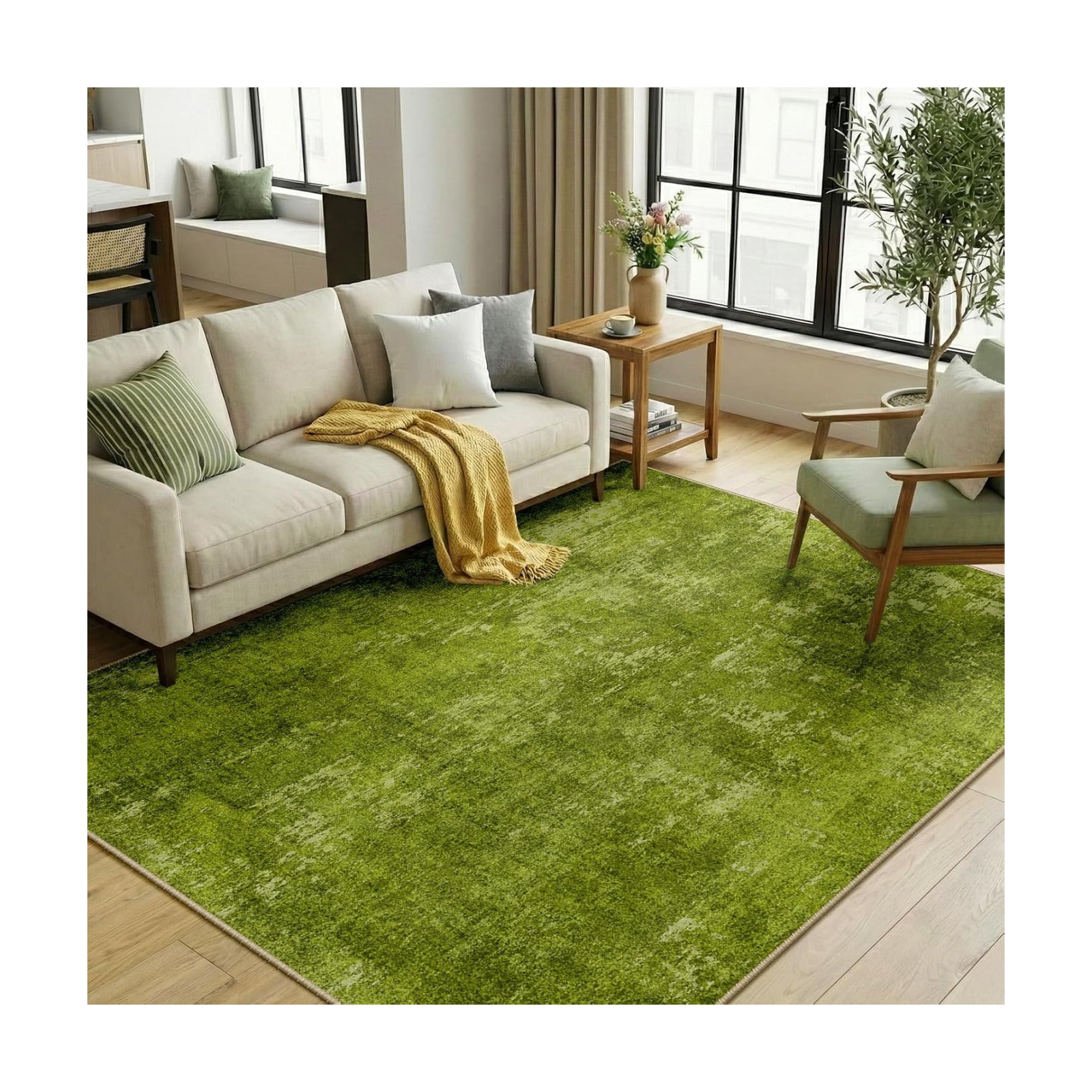 RELEANY Washable 5'x7' Abstract Area Rug for Living Room Grass Green