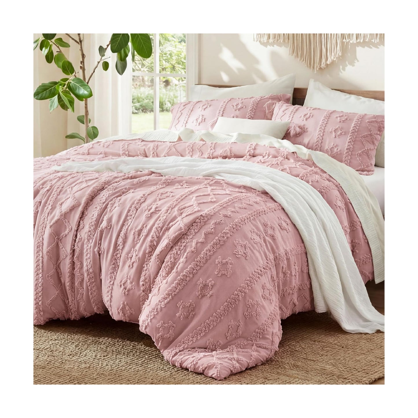 Bedsure Tufted Boho Comforter Set Queen Size - Pink Boho Bed Set, GentleSoft™ 3 Pieces Farmhouse-Style Embroidery