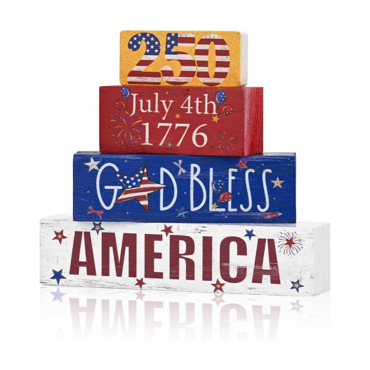Smile 4th of July 250th Anniversary Wooden Block Stack with USA Decor, 4-Piece Patriotic Tiered Tray Decor for Independence Day & Memorial Day