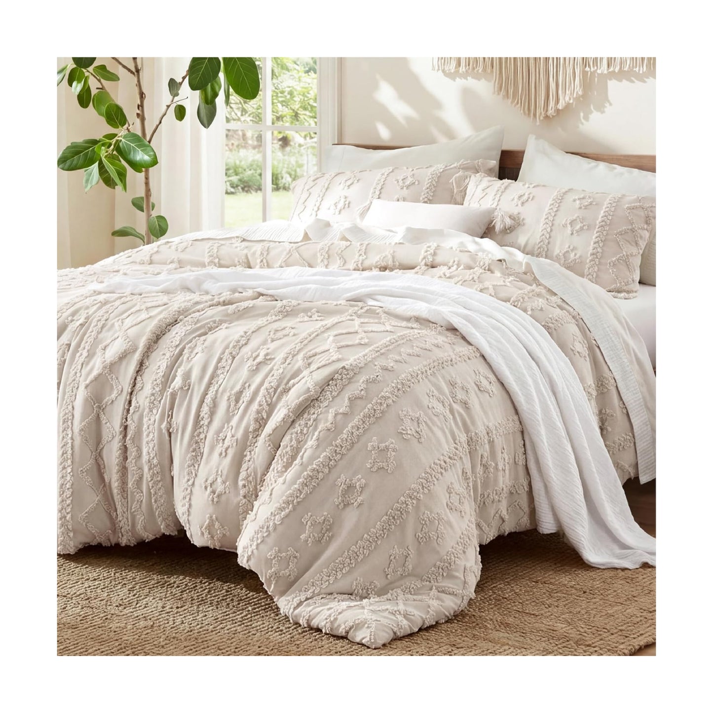 Bedsure Tufted Boho Comforter Set King Size - Ivory Boho Bed Set, GentleSoft™ 3 Pieces Farmhouse-Style Embroidery