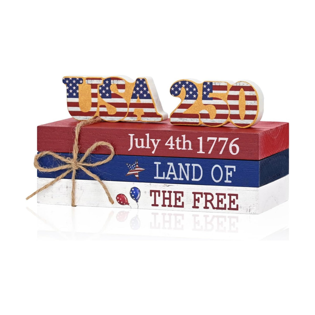 Smile 4th of July 250th Anniversary Wooden Block Stack with USA Decor, 5-Piece "Land of the Free" Patriotic Tiered Tray Tabletop Sign for Independence Day Decorations