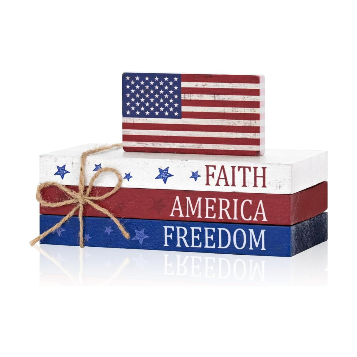 Smile Patriotic Wooden Block Stack with American Flag Decor, 4-Piece "Faith America Freedom" Tiered Tray Tabletop Sign for 4th of July & Memorial Day