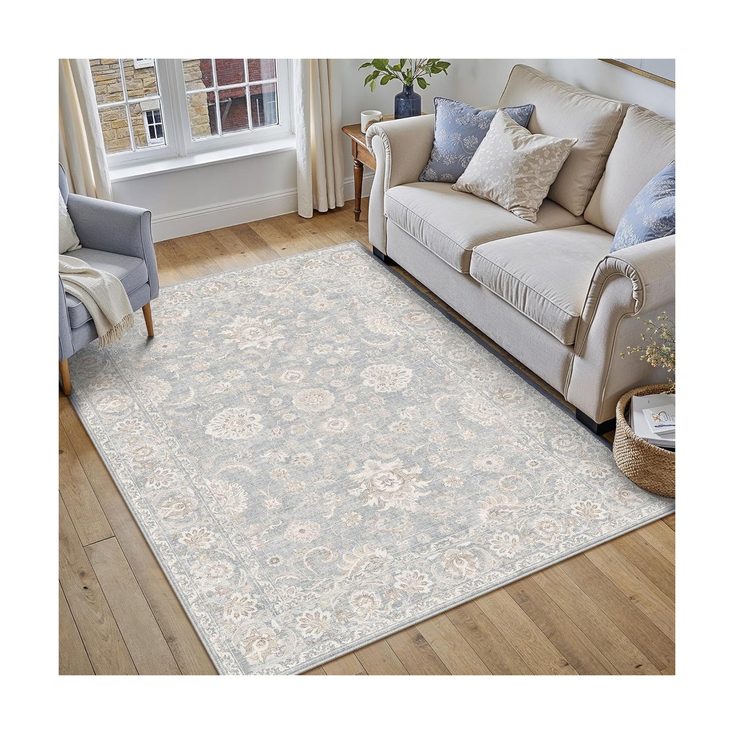4x5 Blue Cream Neutral Area Rug