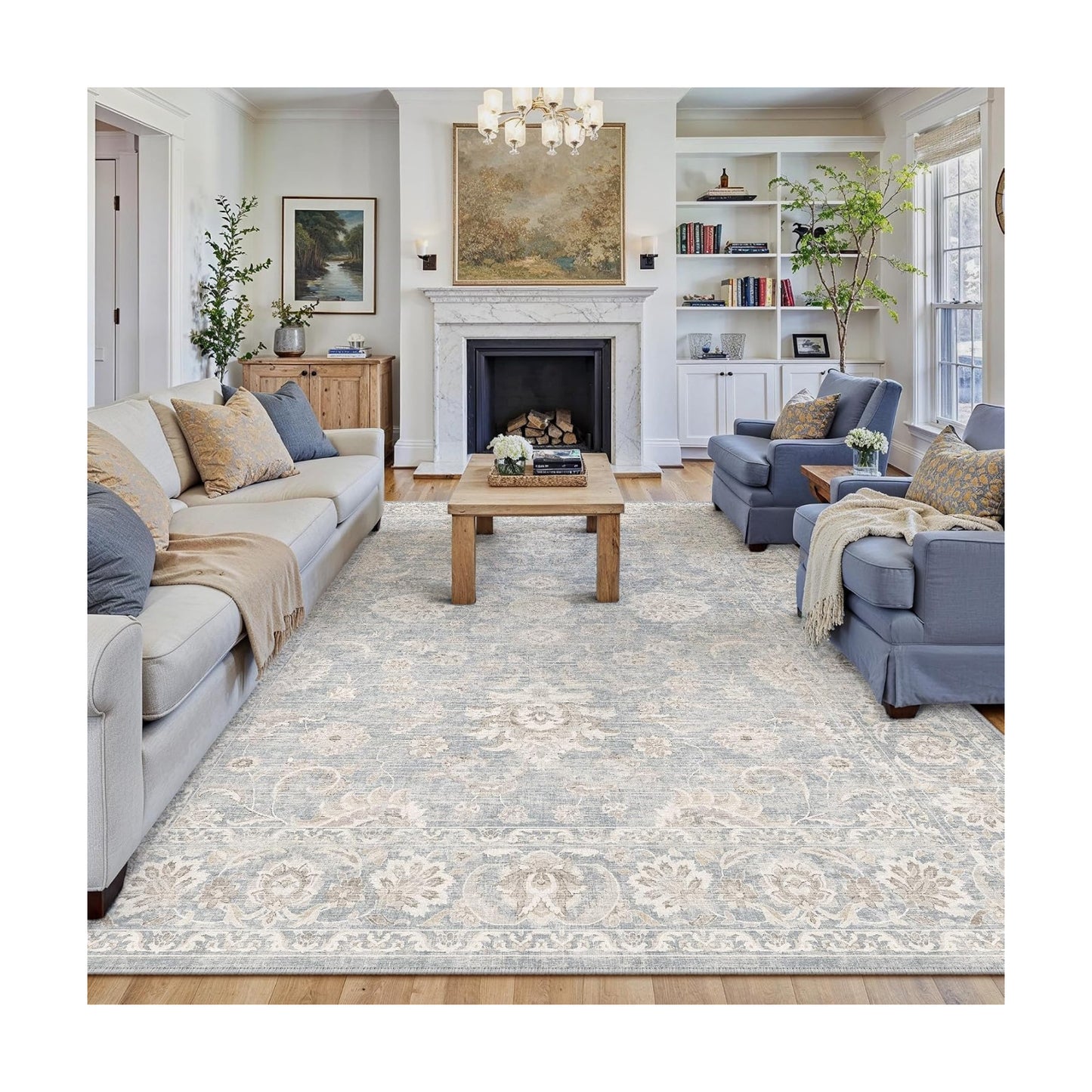 7x9 Blue Cream Neutral Area Rug