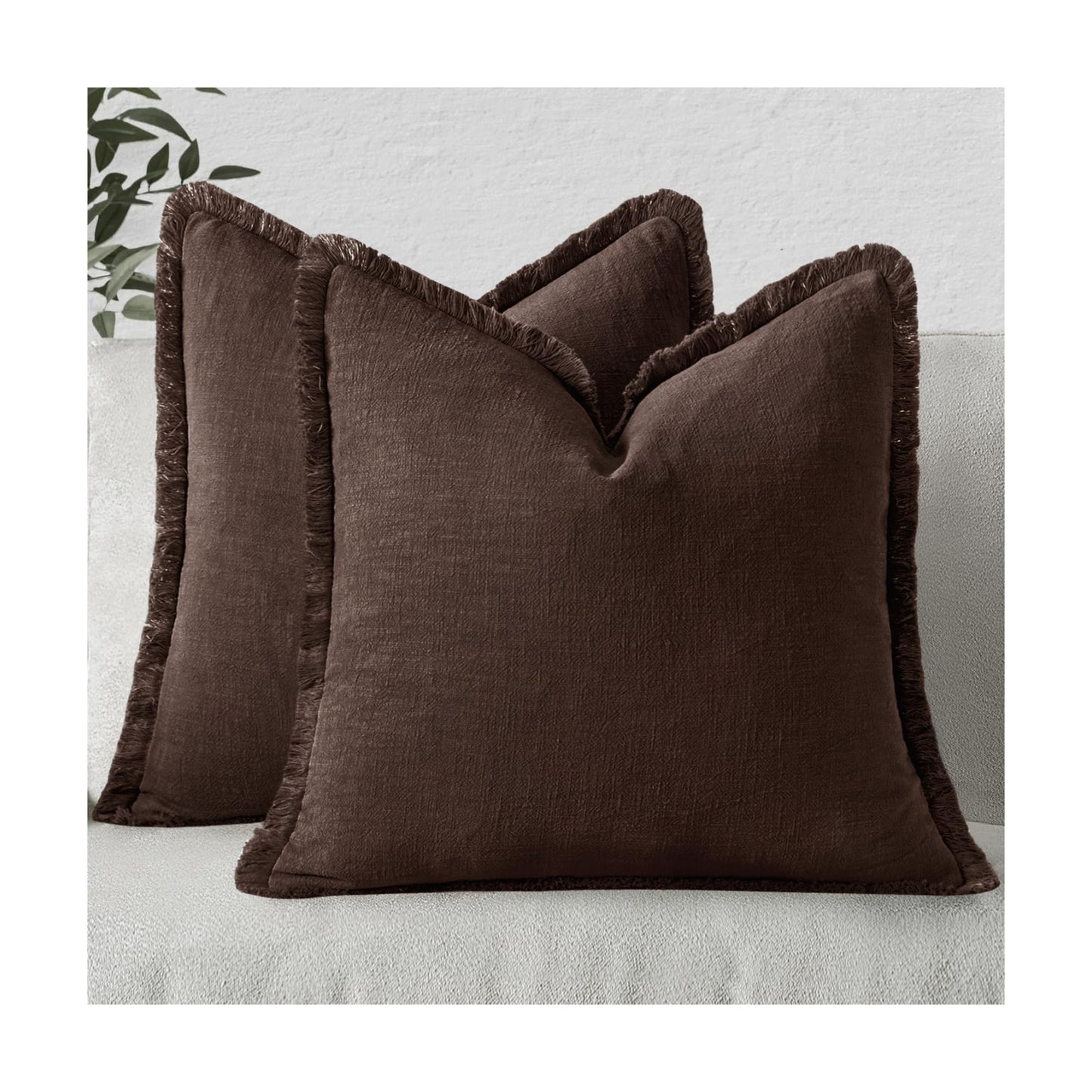 MIULEE Linen Fringe Decorative Fall Throw Pillow Covers Dark Brown 18x18