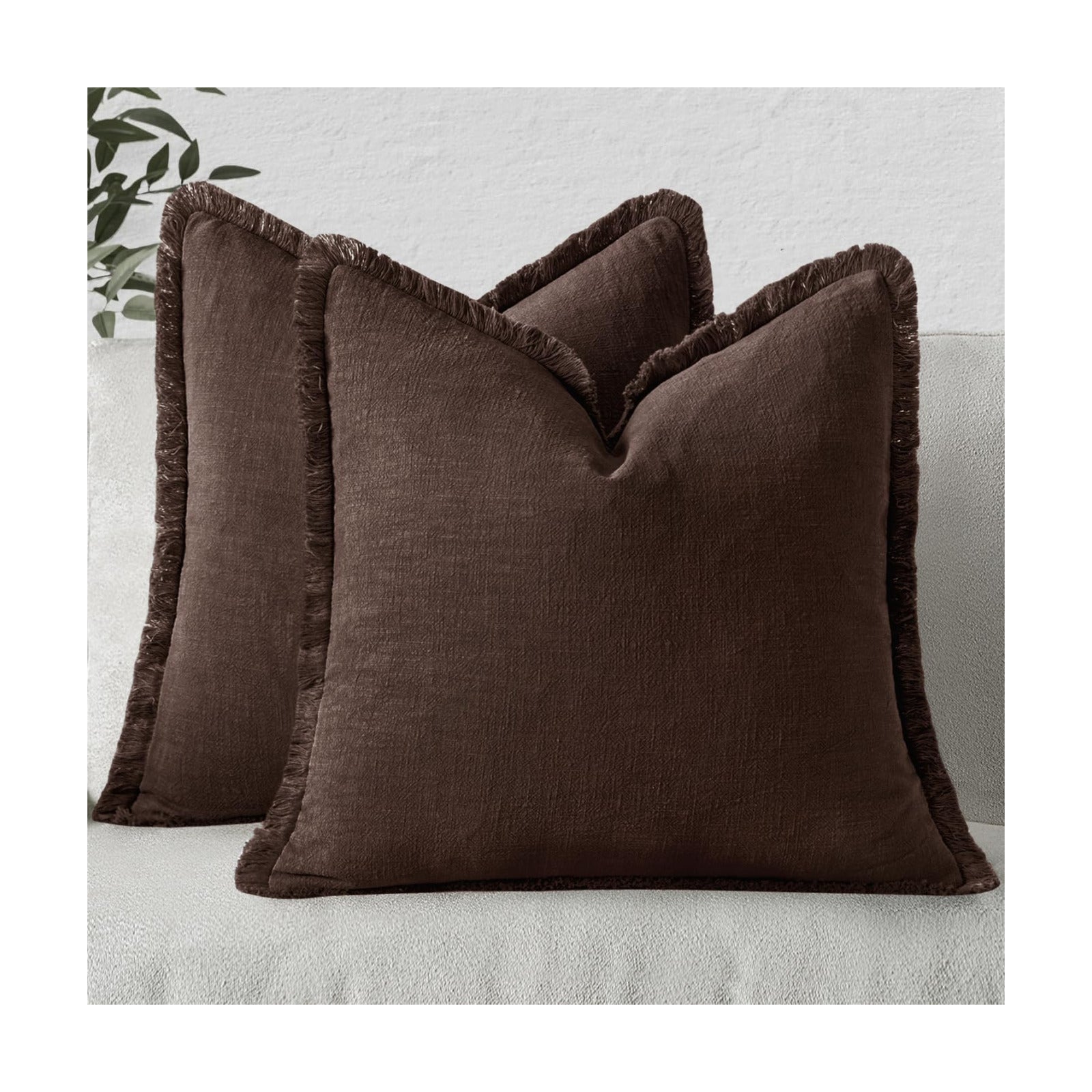 MIULEE Linen Fringe Decorative Fall Throw Pillow Covers Dark Brown 18x18