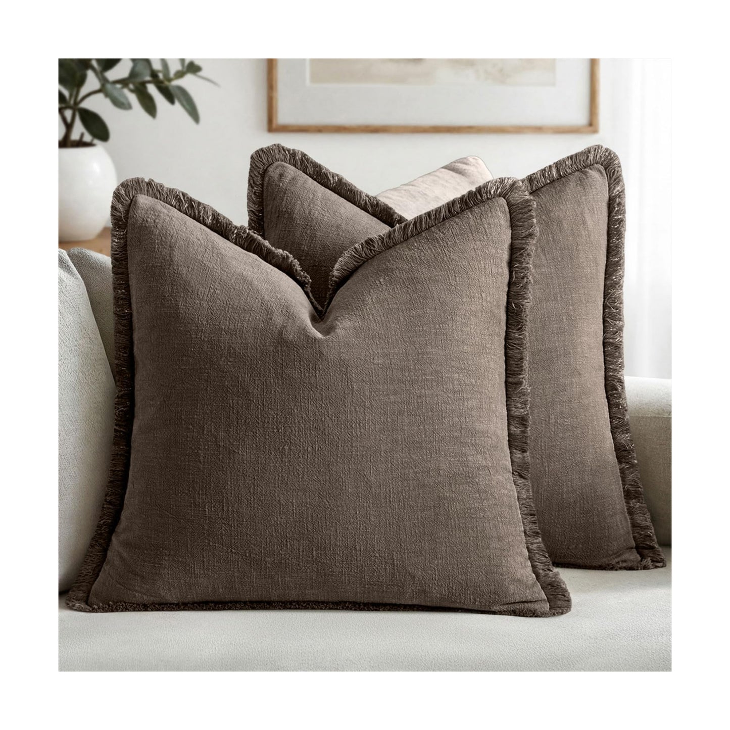 MIULEE Boho Linen Fringe Decorative Fall Throw Pillow Covers Coffee 18x18