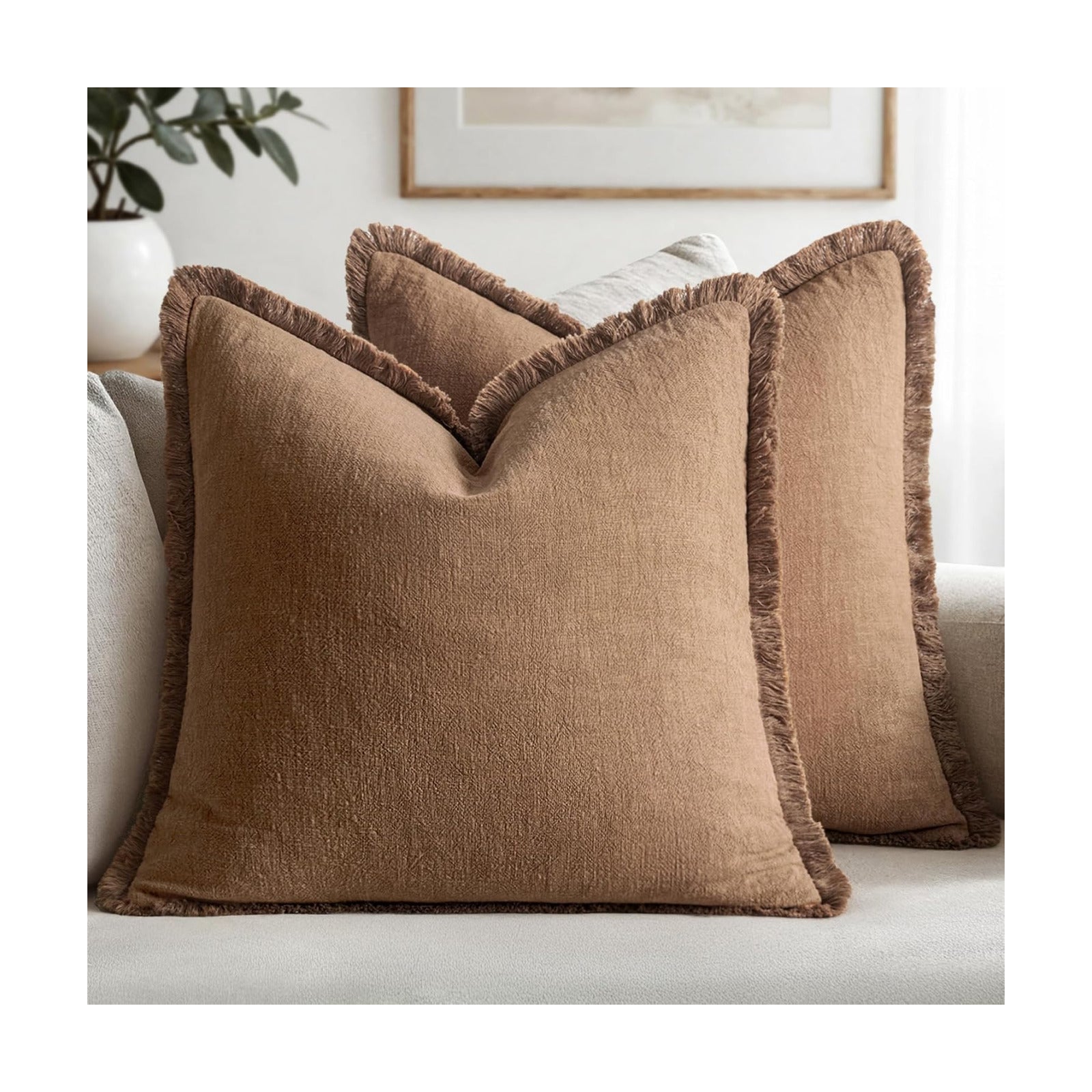 MIULEE Linen Fringe Decorative Fall Euro Throw Pillow Covers Brown 28x28
