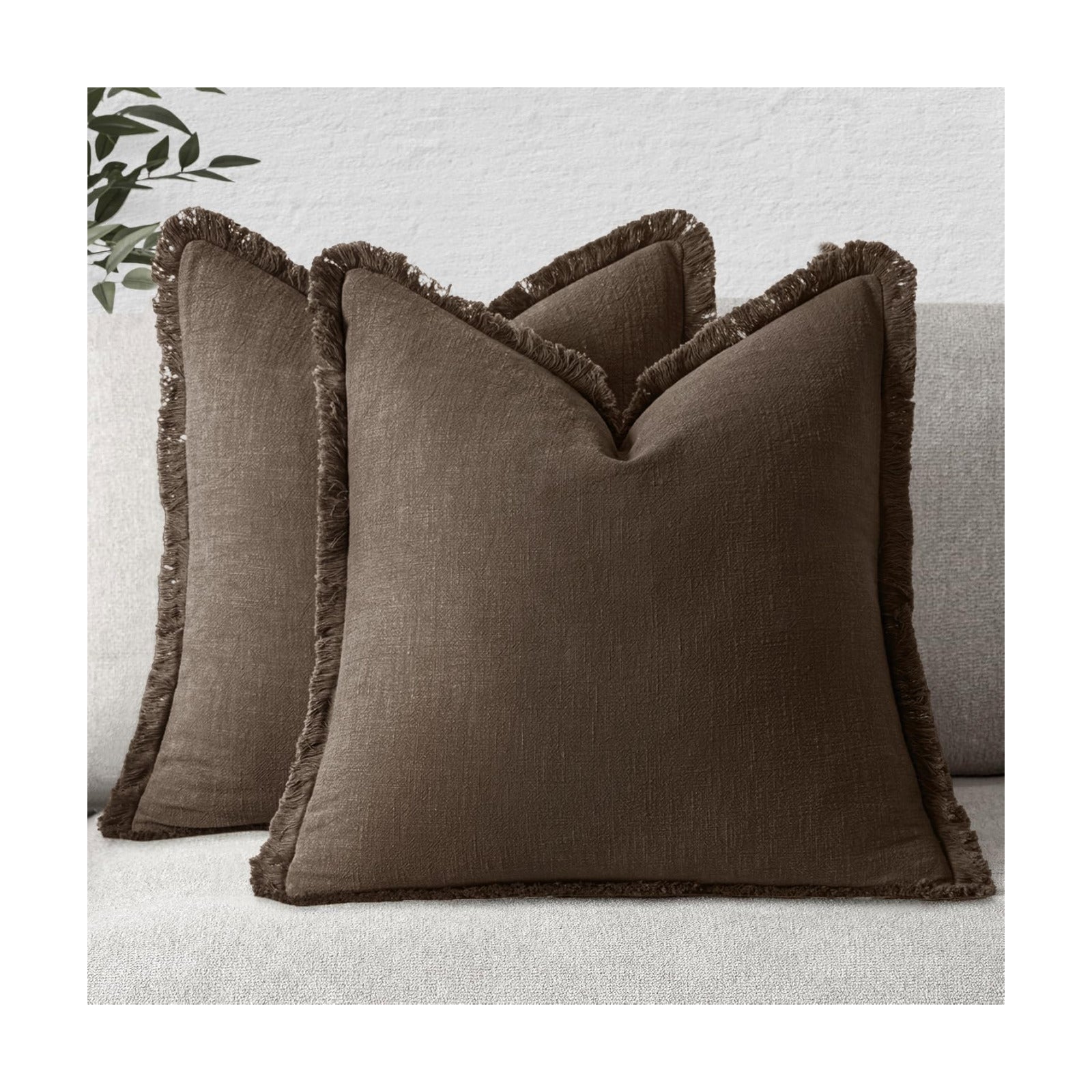 MIULEE Linen Fringe Decorative Euro Pillow Covers Chocolate Brown 24x24