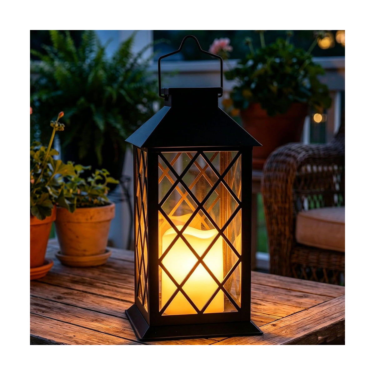 14" Large Tempered Glass Solar Lanterns Outdoor Waterproof | Black retro solar lantern with flickering flameless