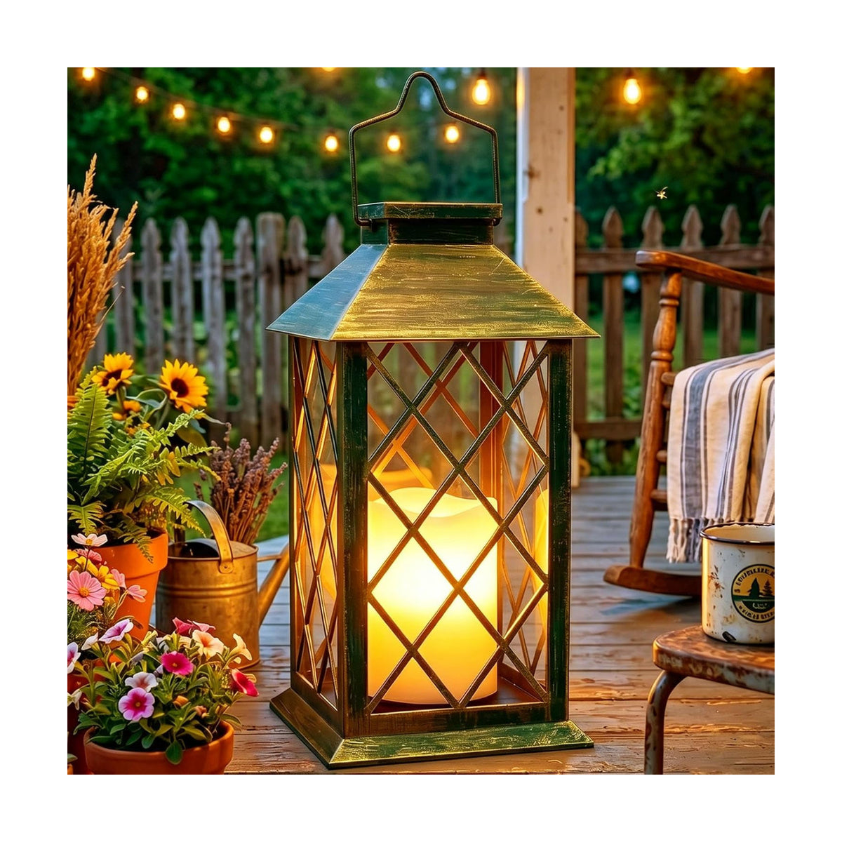 14" Large Tempered Glass Solar Lanterns Outdoor Waterproof | Bronze retro solar lantern with flickering flameless