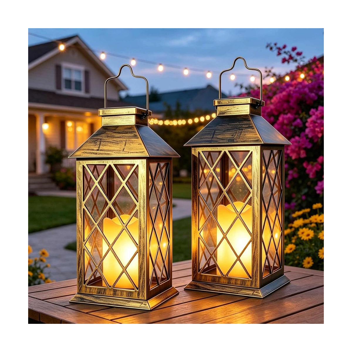 2 Pack 11" Medium Tempered Glass Solar Lanterns Outdoor Waterproof | Hanging Solar Lights with Flickering Flameless