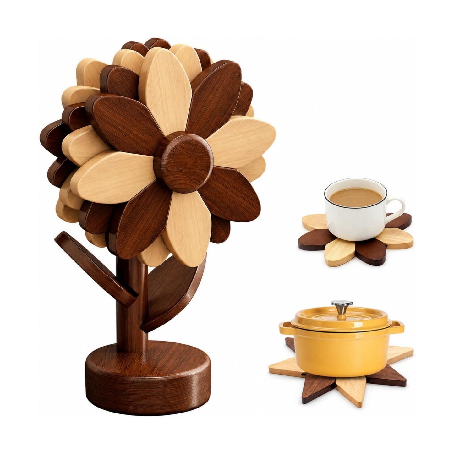 5-Piece Wooden Flower Trivets for Hot Pots and Pans / Walnut & Beech Wood