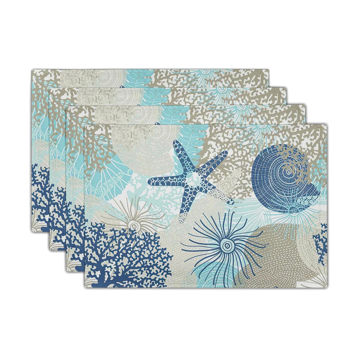 Nautical Coastal Placemats Set of 4 18x12 Inch Summer Beach Themed Linen Place Mats Heat-Resistant Washable Wipeable Beachy Seashell Table Mat for Party Kitchen Dining Room Dinner Table Decor